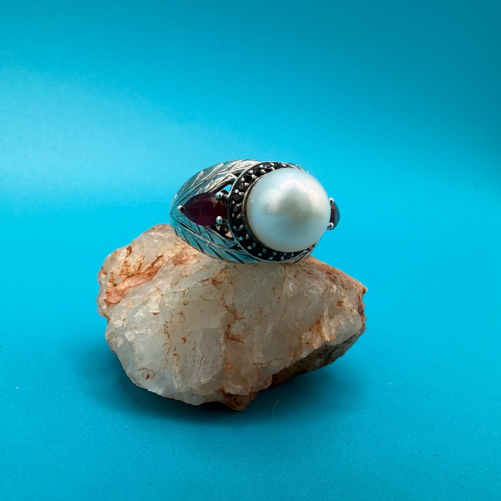Silver 925 Ruby & Pearl Ring - image 7
